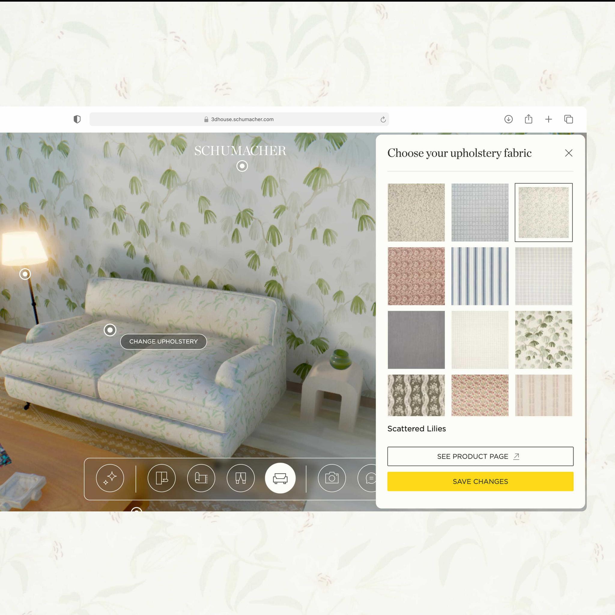 Schumacher room configurator showing sofa and upholstery fabric choices