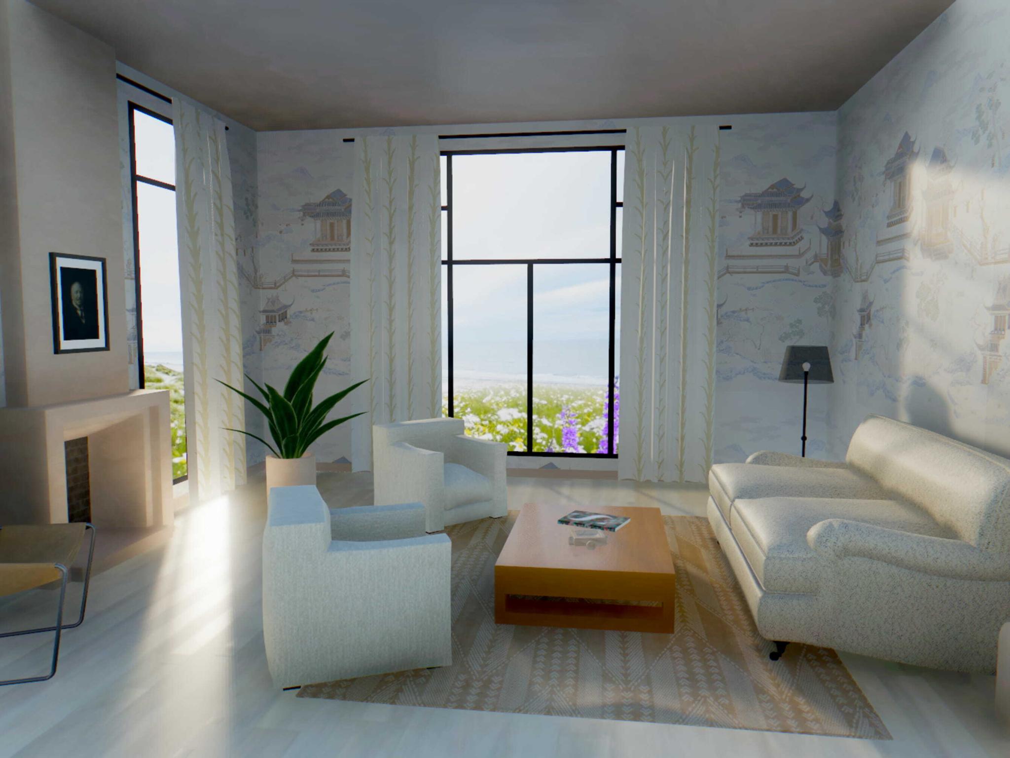 Bright rendered living room with sofa, armchair, coffee table, and ocean view