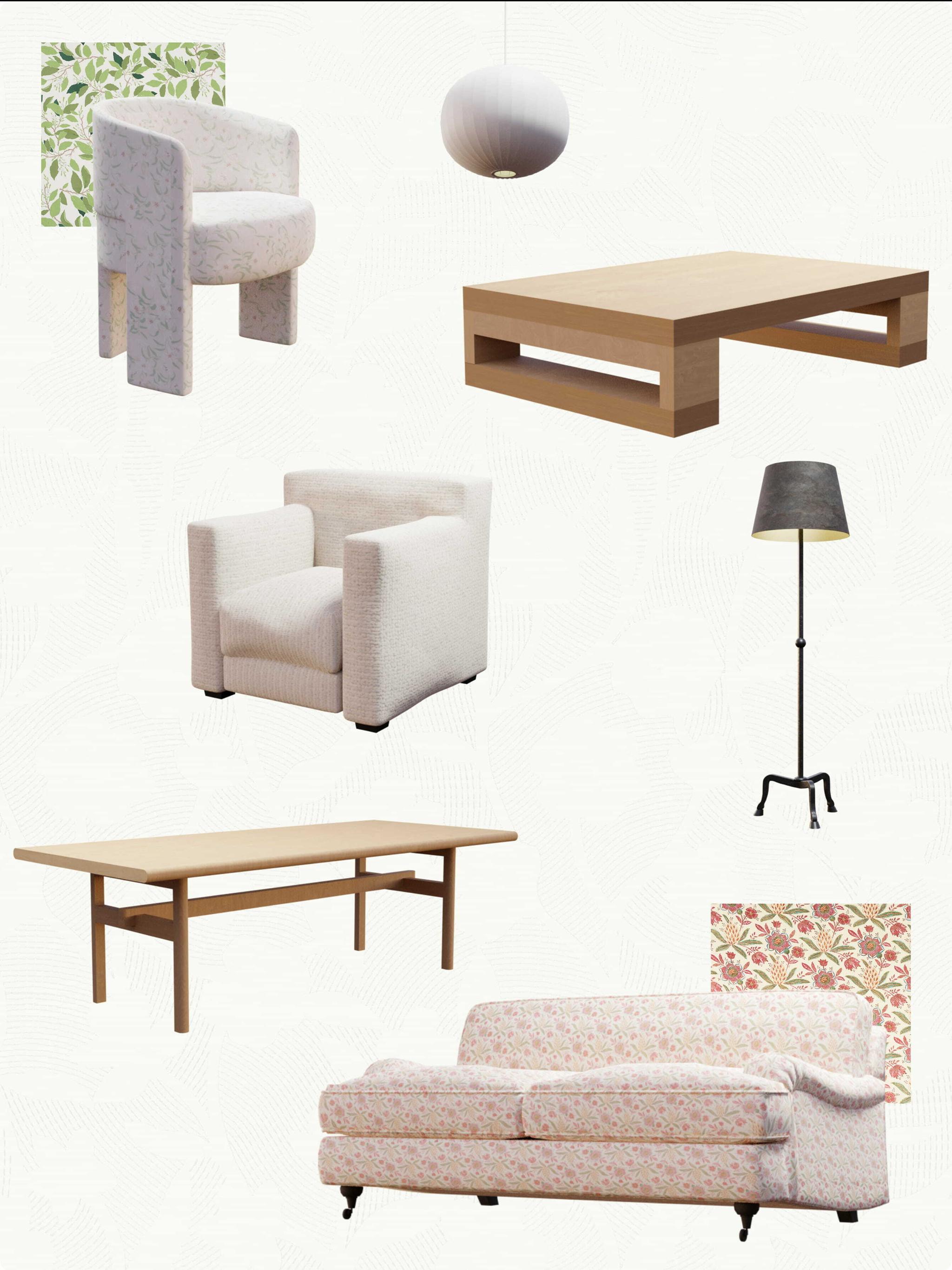 Collage of chairs, tables, lamps, sofa, and patterned fabric samples