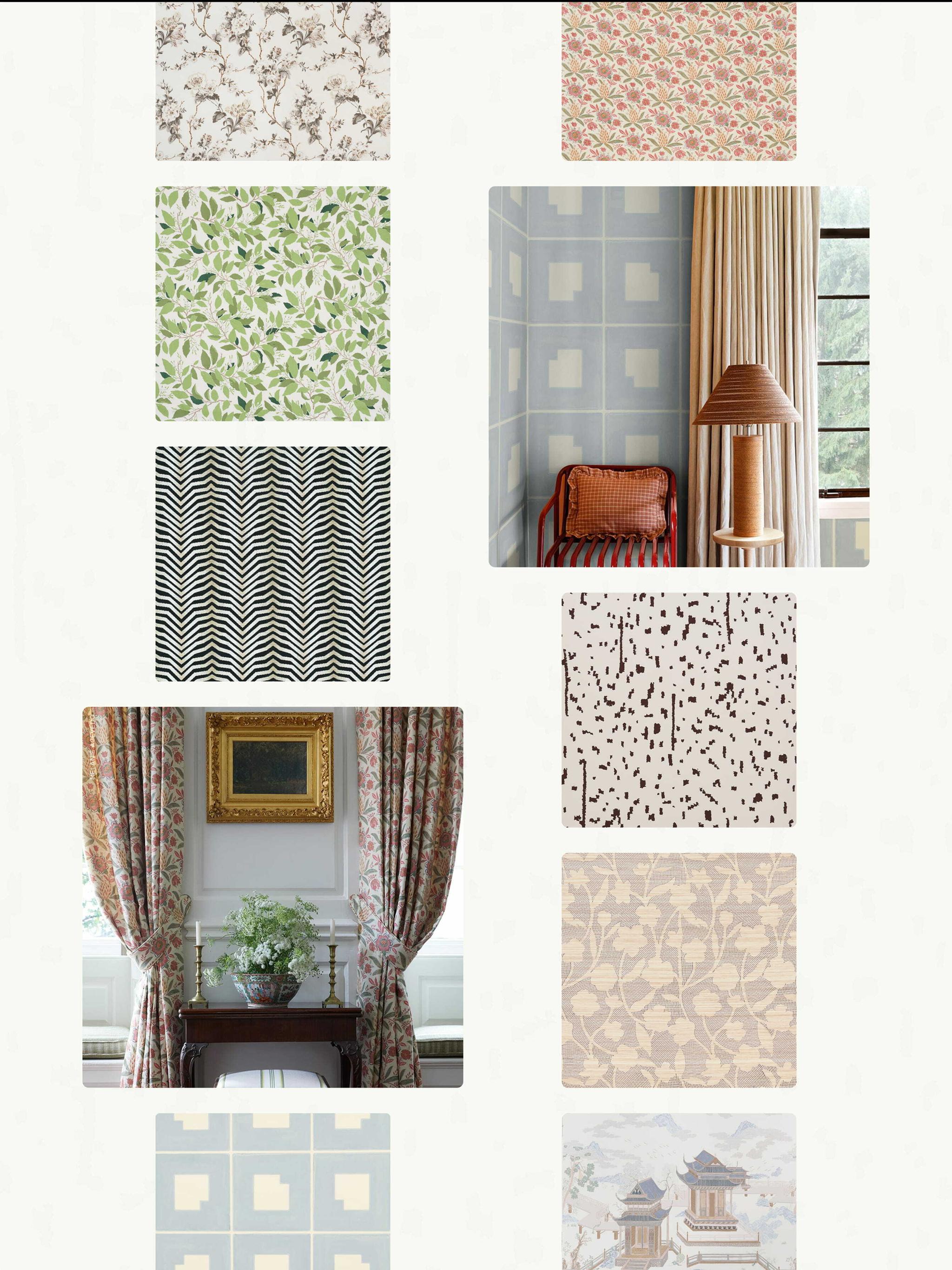 Collage of fabric swatches and styled interior scenes