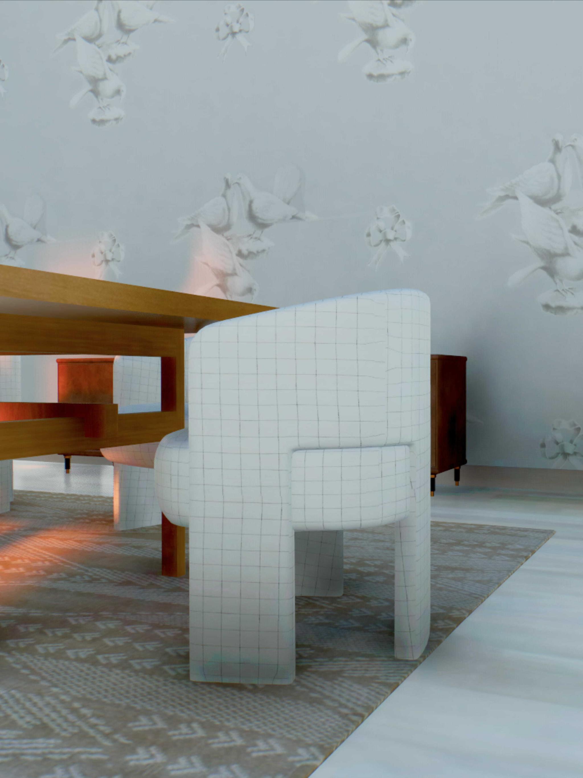 Modern dining room with a white grid-pattern chair, wood table, and floral relief wall