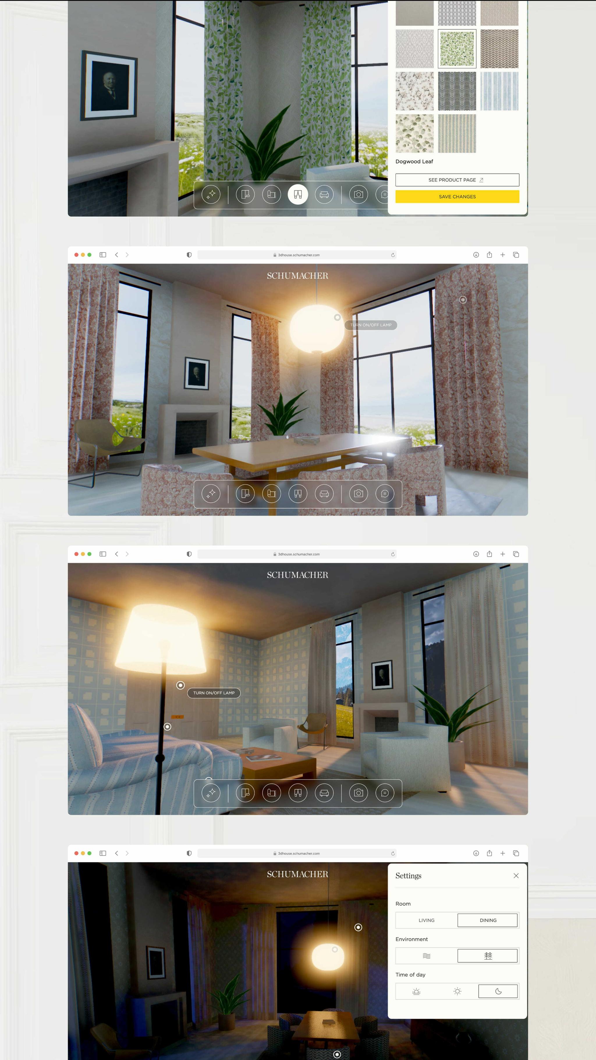 Stack of Schumacher interior configurator screens with fabric and lighting settings