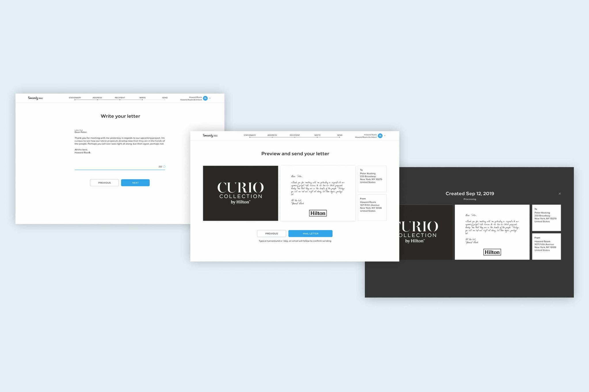 Three web interface screens for writing, previewing, and sending a letter