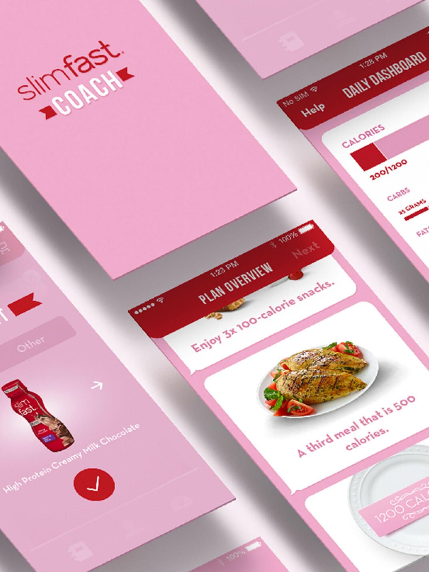 SlimFast Coach app screens with pink interface and meal plan dashboard