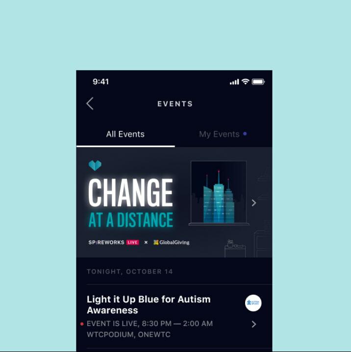 Mobile events screen for Change at a Distance and autism awareness