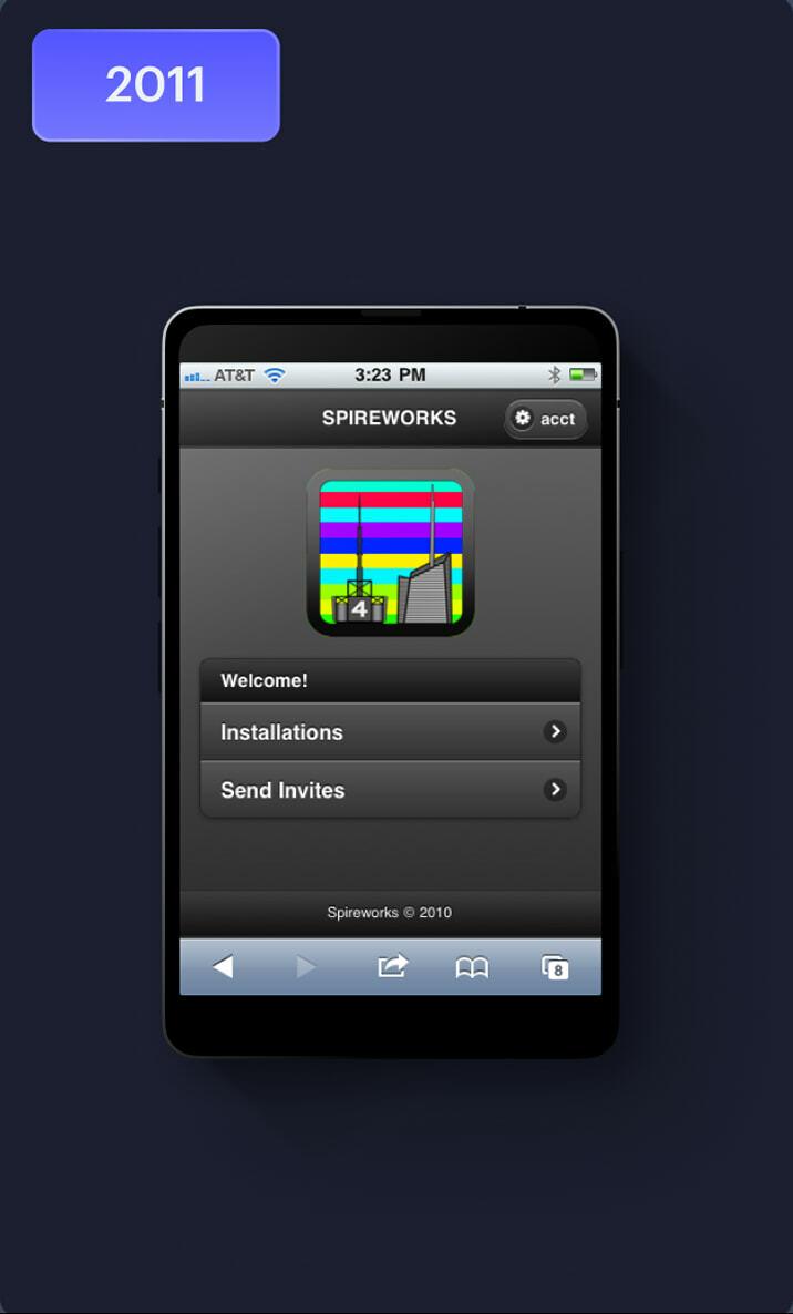 2011 Spireworks mobile web screen with installations and invite options