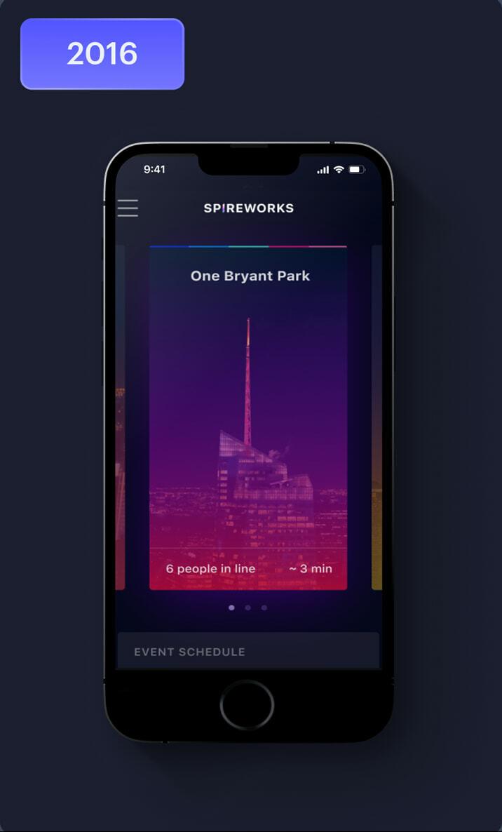 2016 Spireworks app screen showing One Bryant Park and queue time