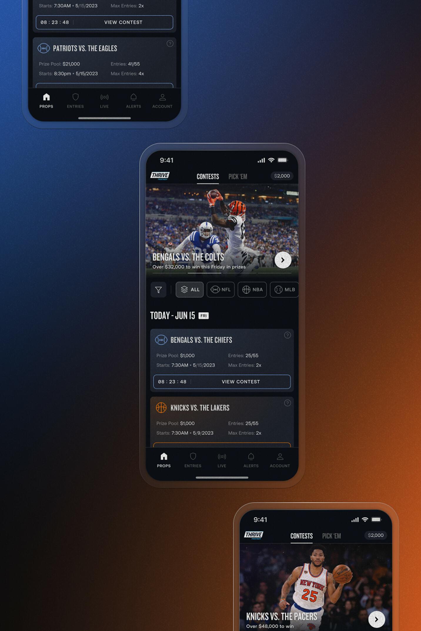 Stacked mobile sports app contest screens on a blue-orange gradient background