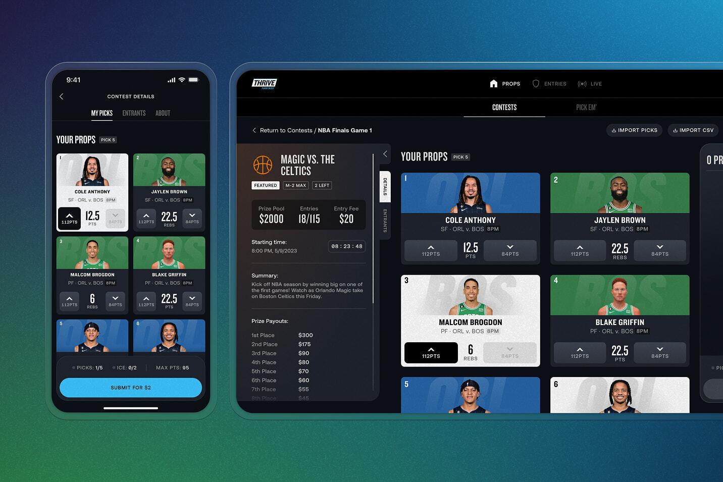 Mobile and desktop sports app interfaces showing prop picks for a basketball contest