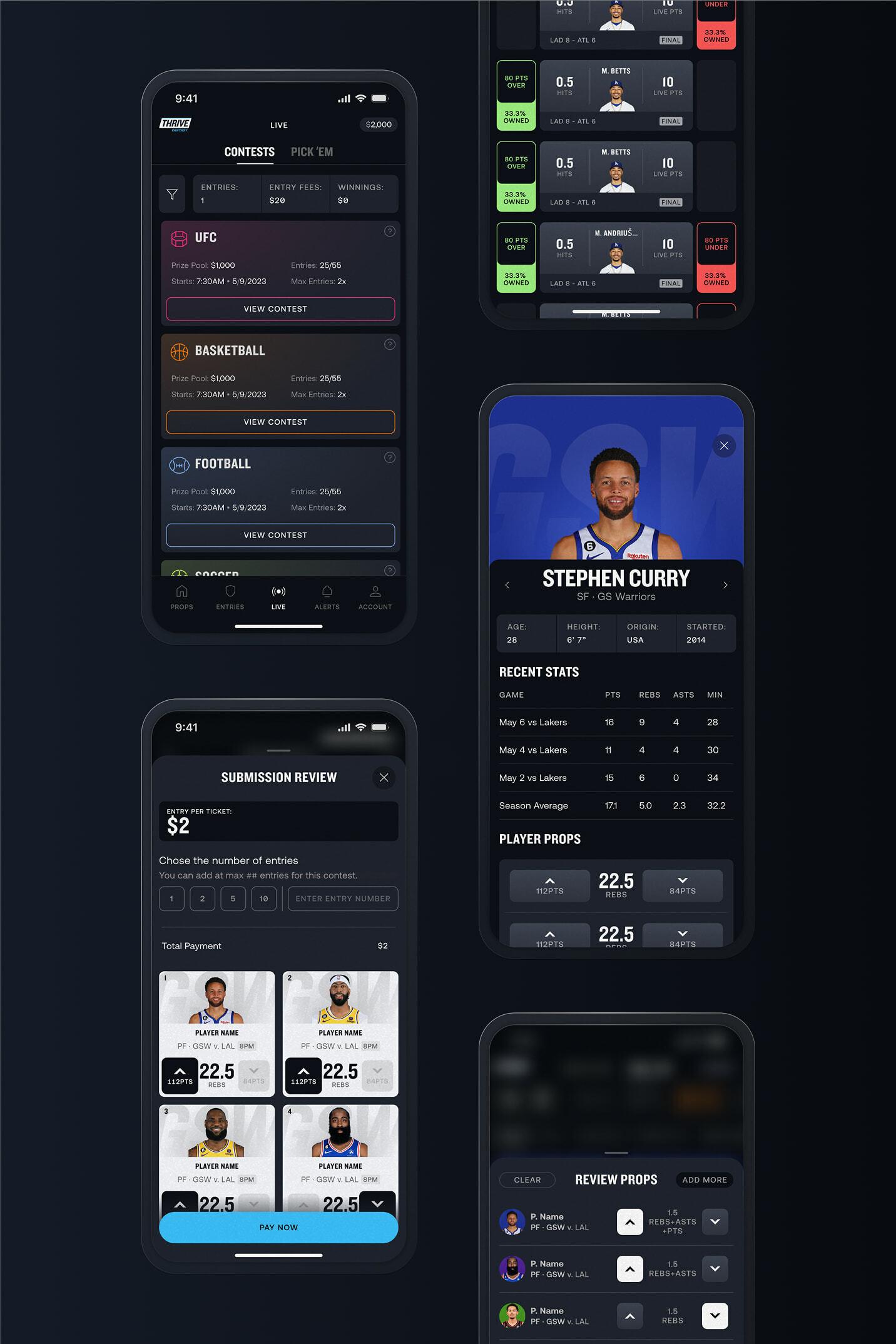 Multiple dark mobile app screens showing contests, submission review, prop picks, and player stats
