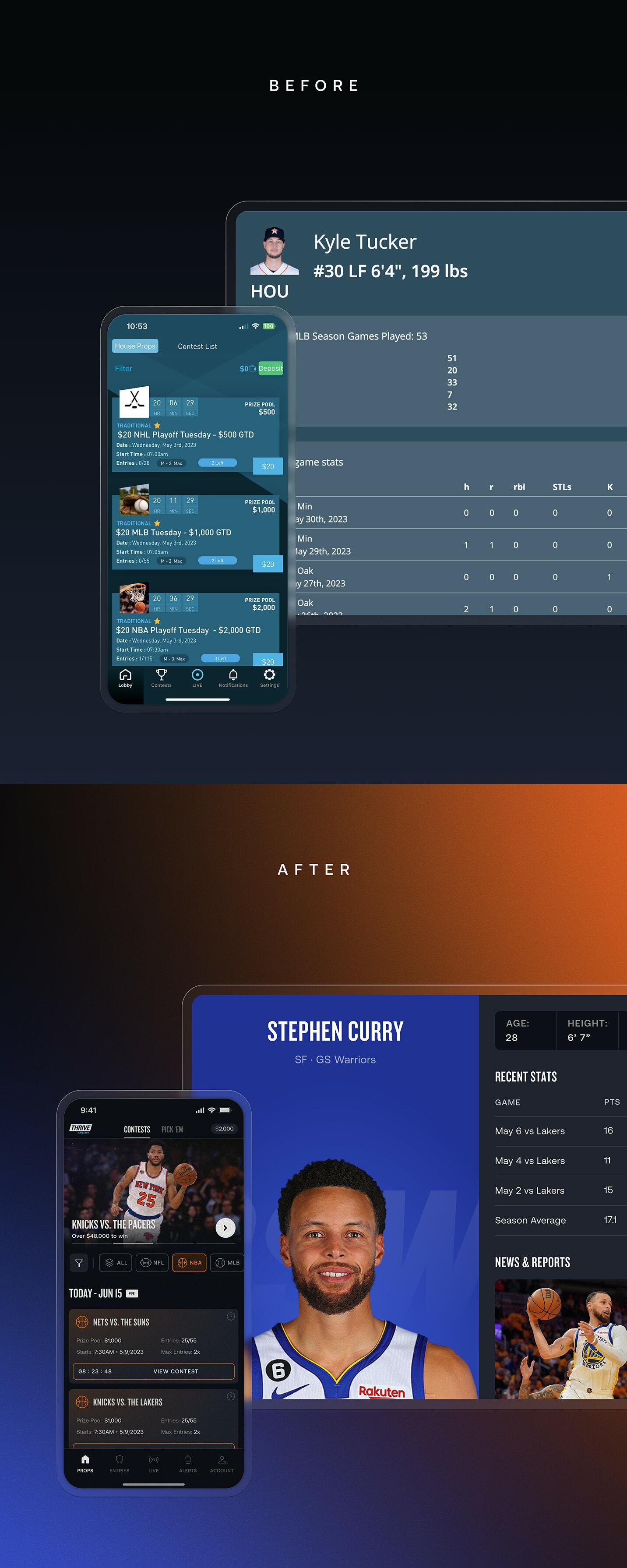 Before and after comparison of sports contest app screens and player profile design
