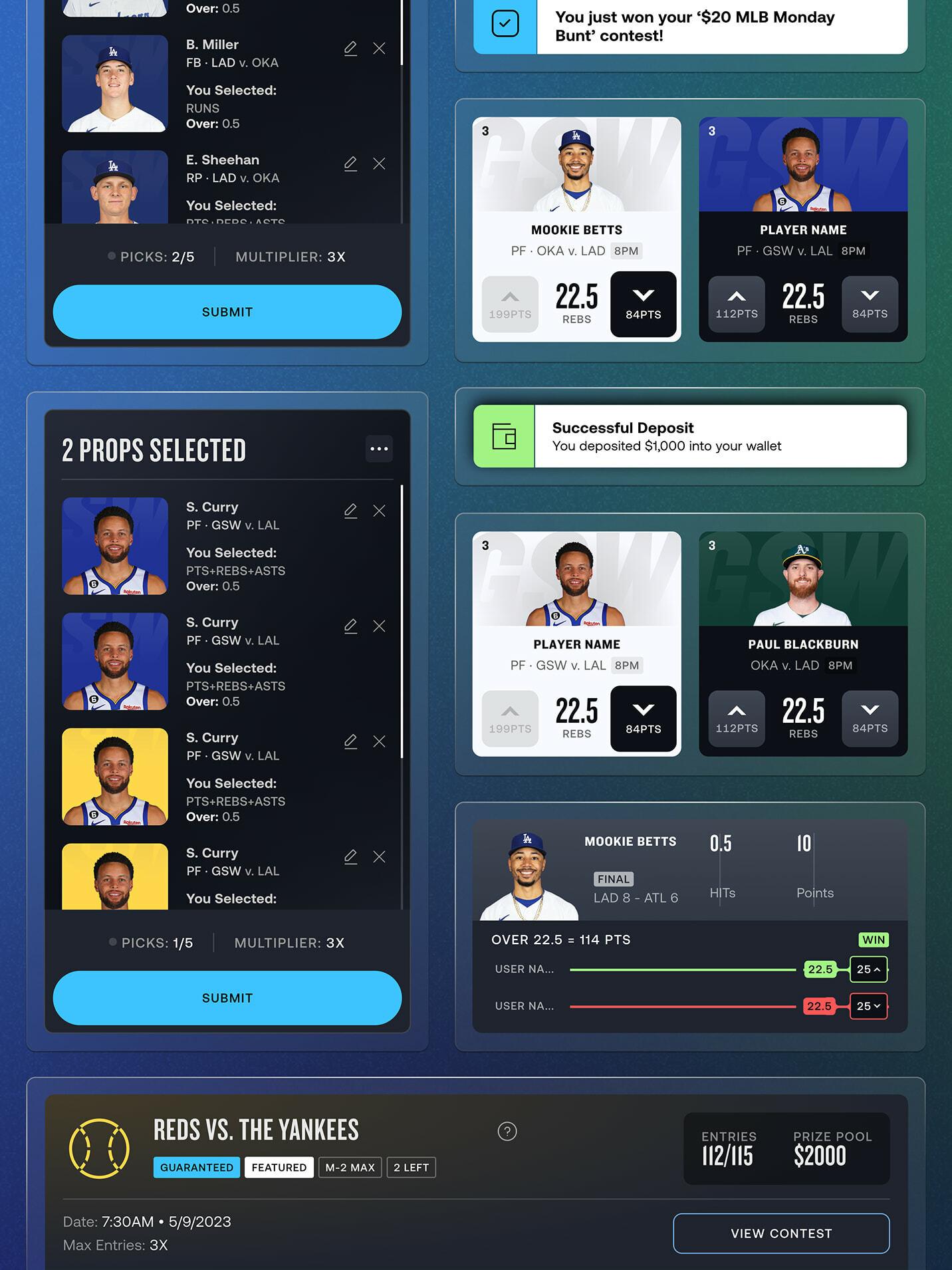 Collage of sports betting app UI cards for props, deposits, leaderboards, and contests