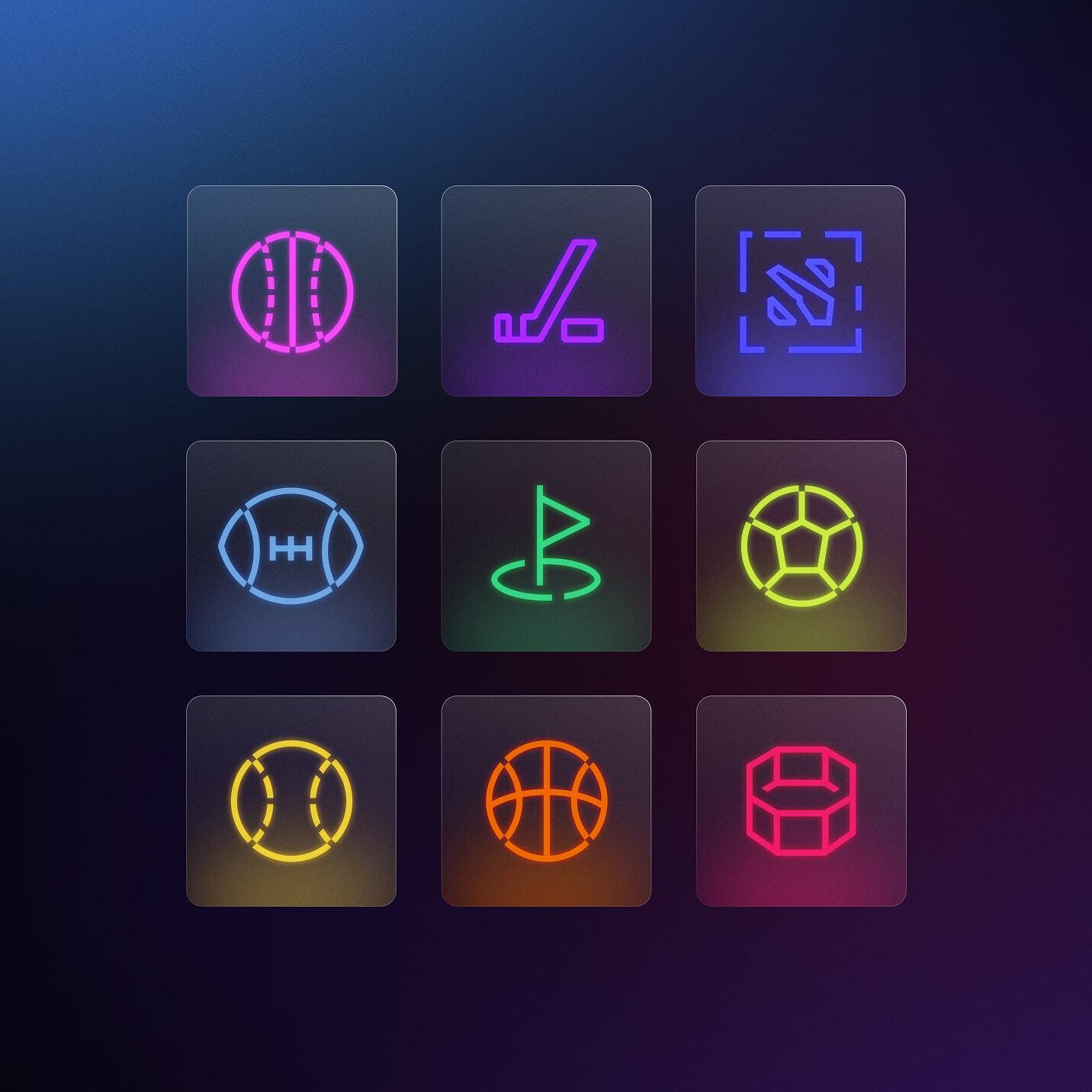 Nine neon sports icons on dark tiles, including balls, golf, hockey, and racing symbols