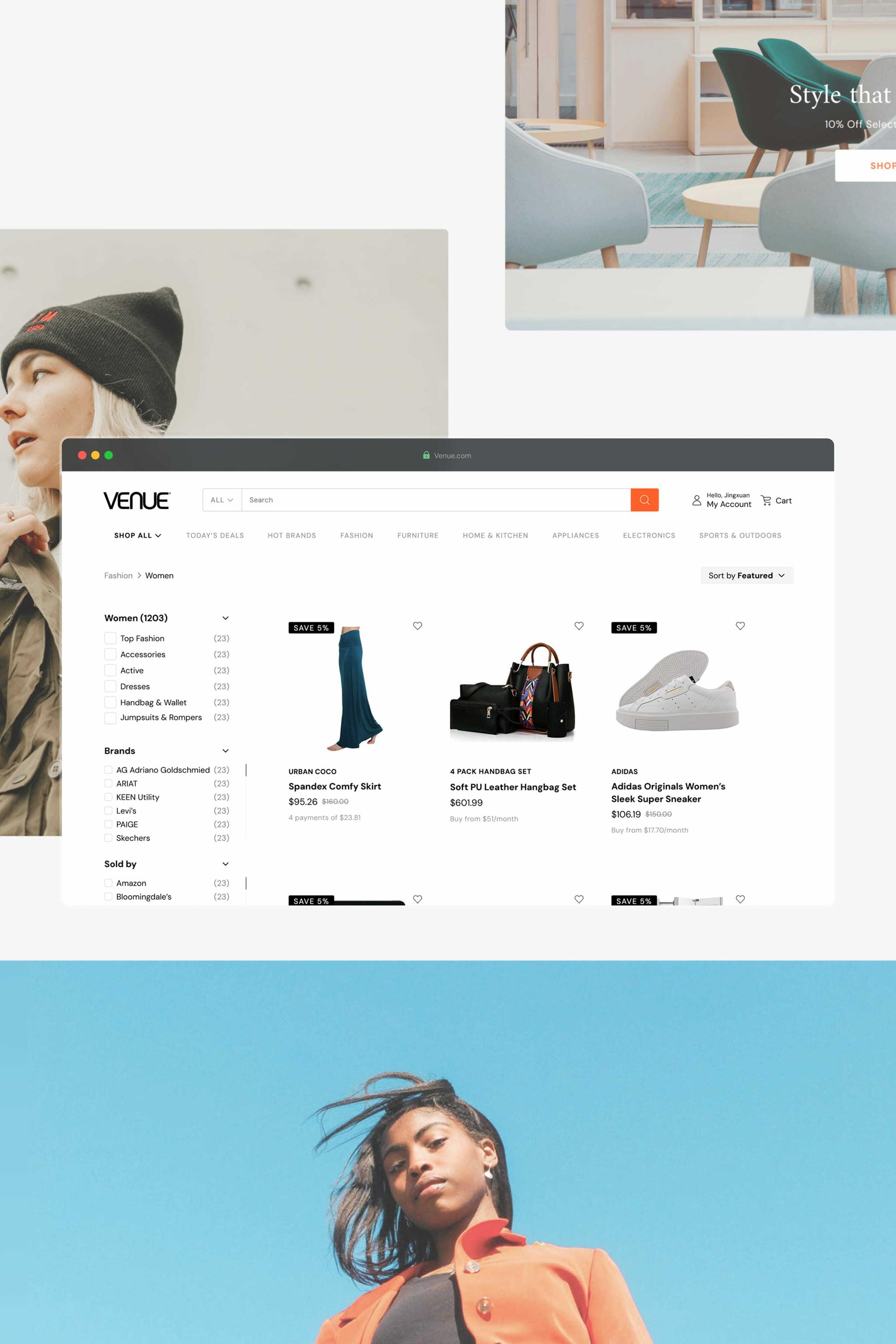 Fashion ecommerce product listing mockup layered over lifestyle images