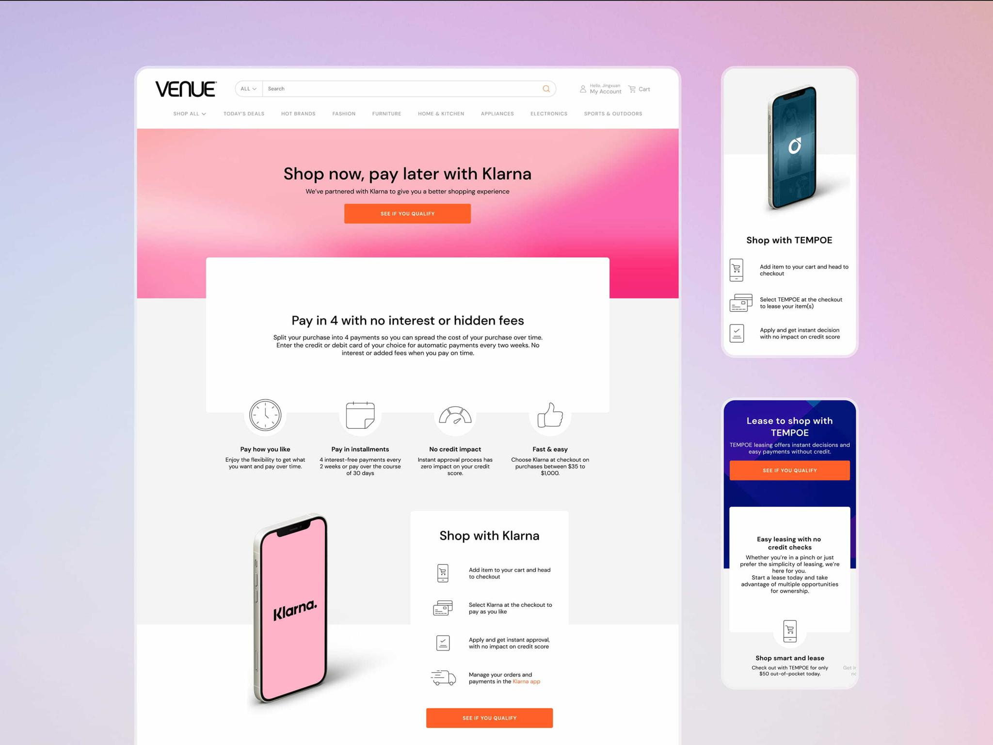 Venue webpage mockup showing Klarna pay-later landing page and side cards