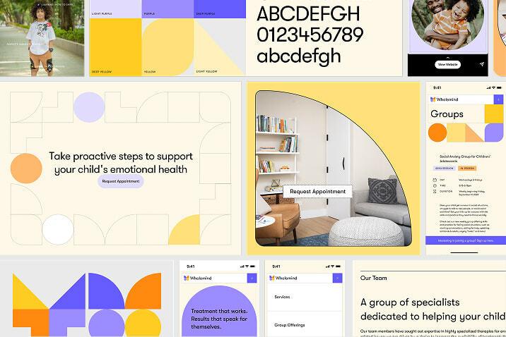 WholeMind brand collage with color palette, typography, website mockups, and geometric shapes