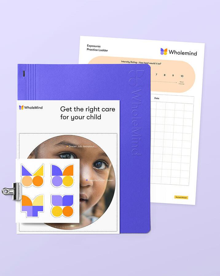 WholeMind child care brochure, purple folder, worksheet, and butterfly logo stickers