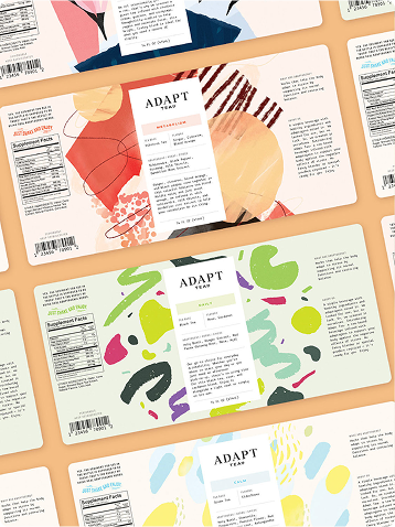 Colorful Adapt Tea bottle label designs arranged diagonally on a peach background