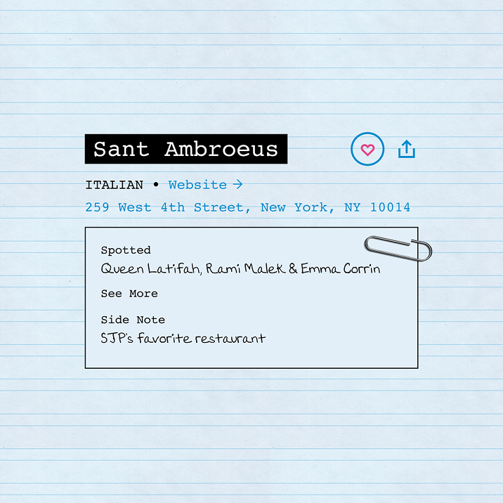 Sant Ambroeus listing card with address, favorite icon, and notes