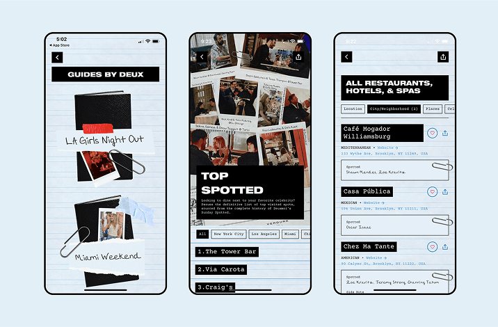 Three phone mockups showing guides, top spotted, and restaurant listings
