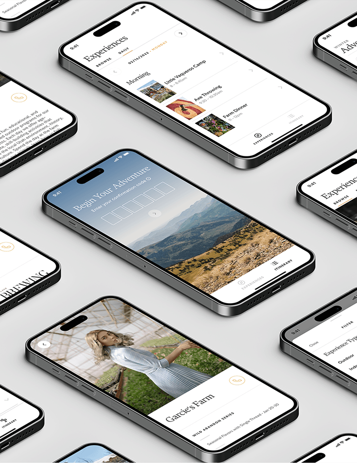 Multiple smartphones displaying adventure travel app screens