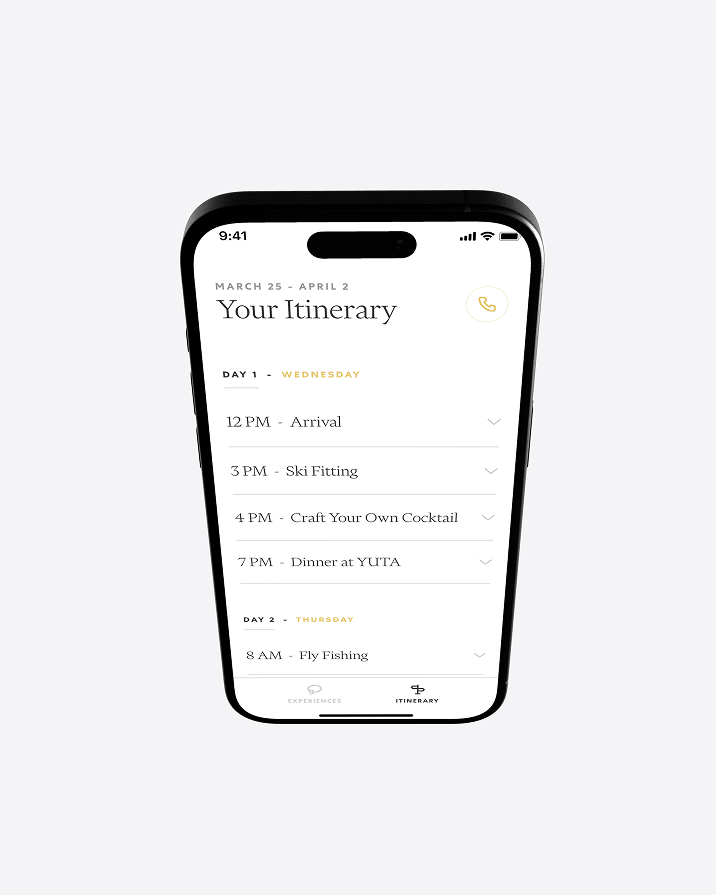 Smartphone showing a travel itinerary with arrival, ski fitting, and fly fishing