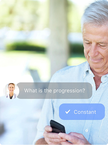 Older man using a smartphone with a medical chat overlay asking "What is the progression?" and reply "Constant"