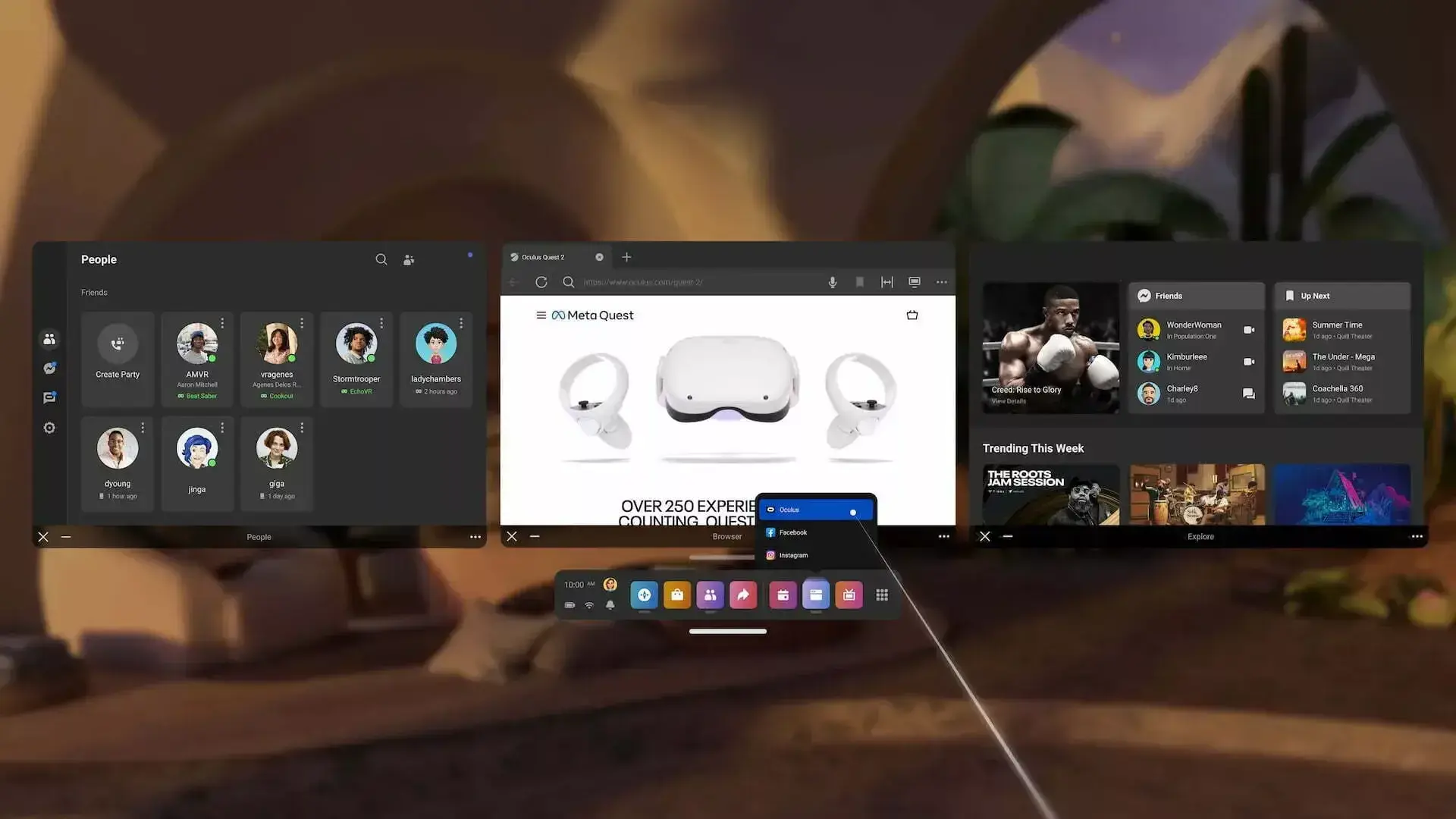 Virtual reality interface with app windows floating in a room