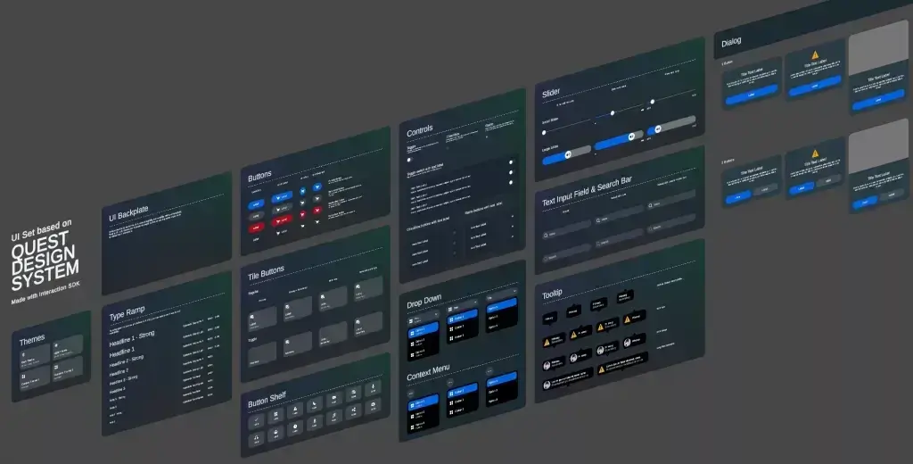 Dark UI design system boards arranged across a gray background