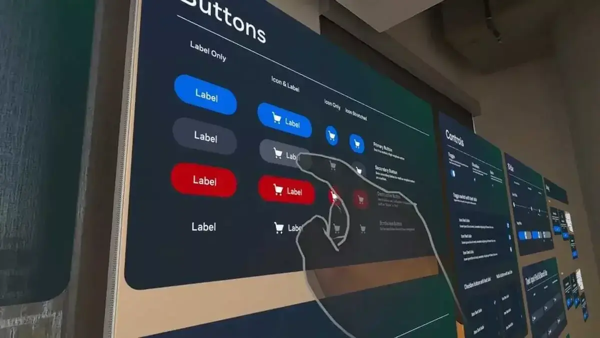 Large wall display showing button styles in a design system
