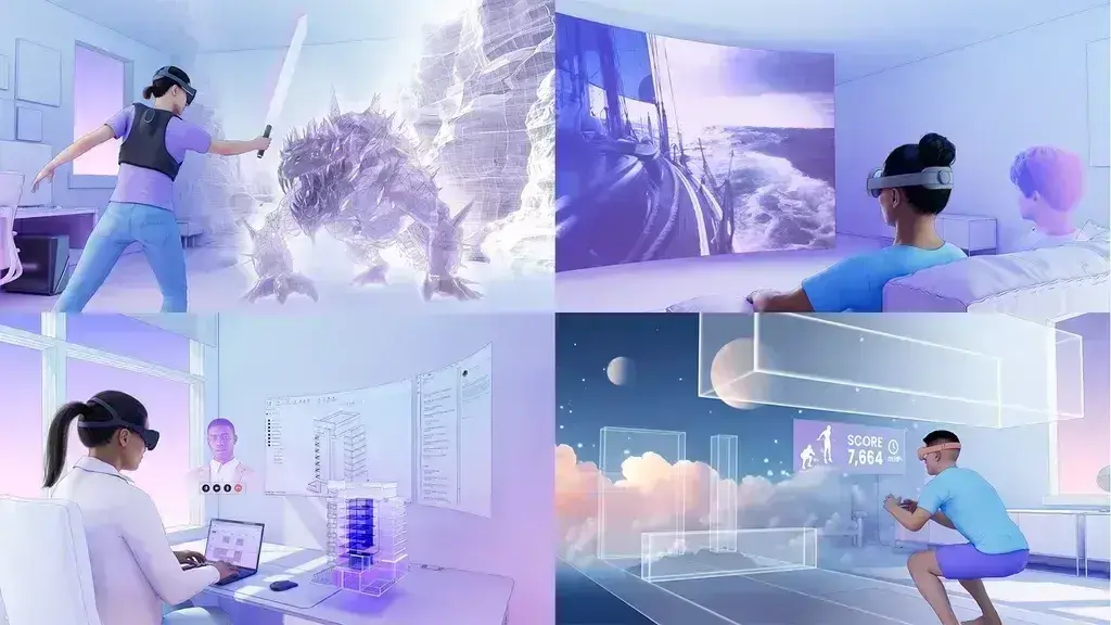 Collage of people using VR headsets for gaming, work, fitness, and meetings