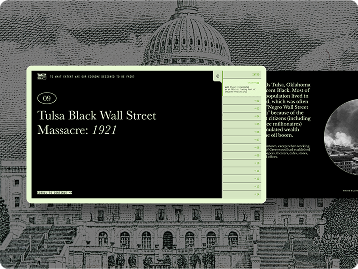 Desktop layout for Tulsa Black Wall Street Massacre: 1921 over a U.S. Capitol engraving
