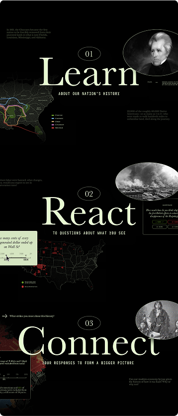 Tall graphic reading Learn, React, Connect with maps and archival images