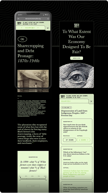Mobile and desktop Take on Wall Street mockups about sharecropping and economic history