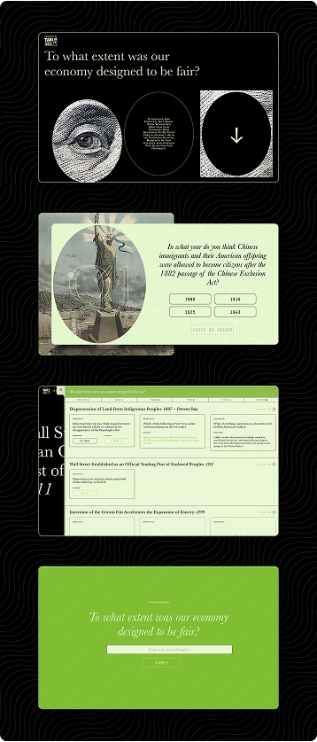 Take on Wall Street website screens with quiz cards and green response form