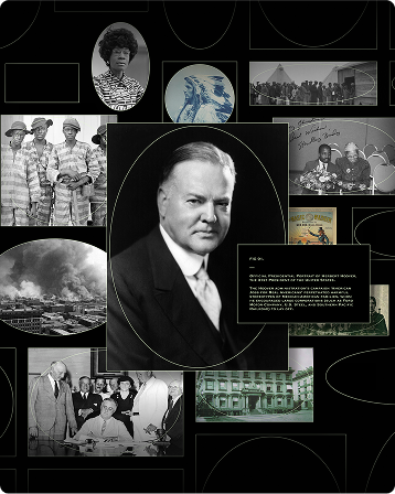 Historical collage centered on a formal portrait with archival photos around it