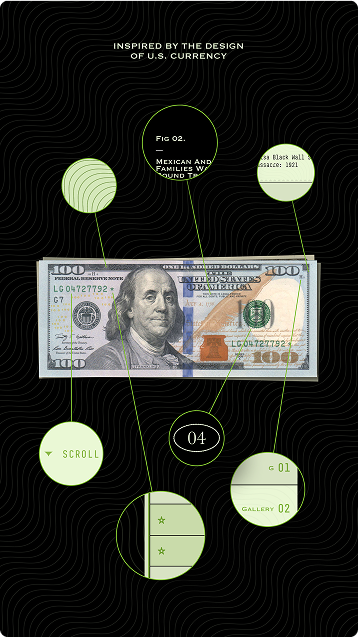 U.S. currency design with magnified callouts on a black patterned background