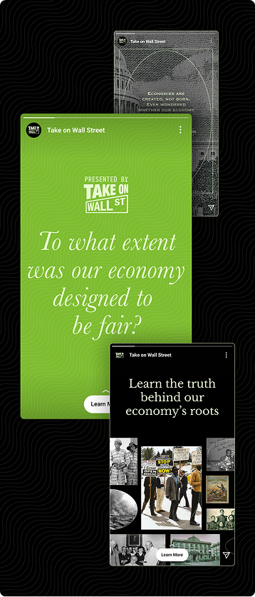 Overlapping Take on Wall Street story mockups with green and black designs