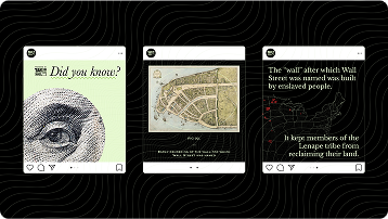 Three Take on Wall Street social posts with currency, map, and historical text
