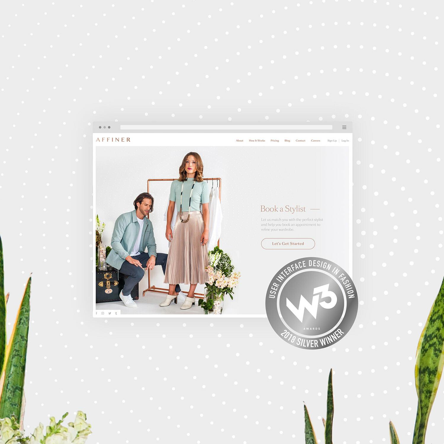 Affiner website mockup with W3 silver winner badge