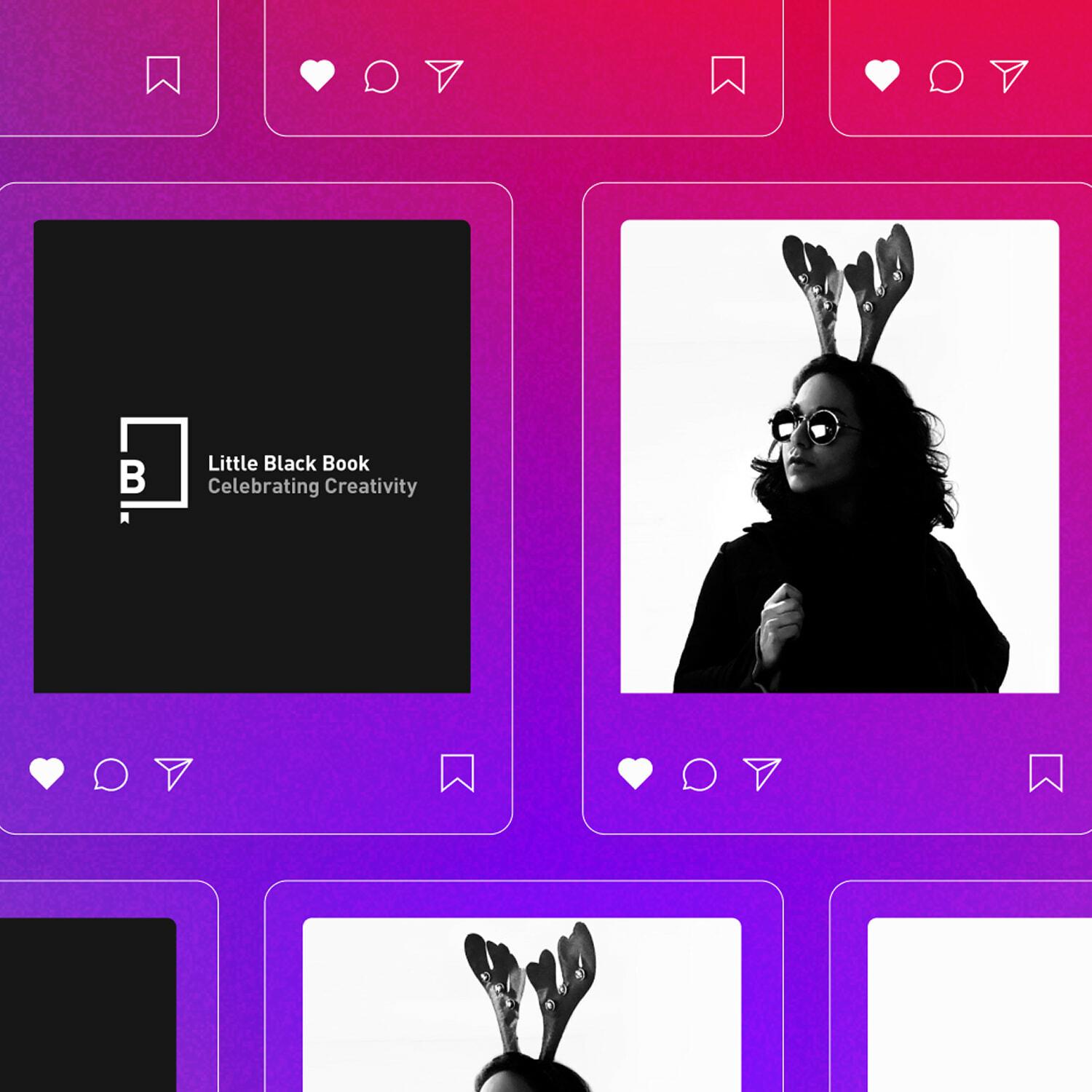 Instagram-style grid with Little Black Book logo and portrait