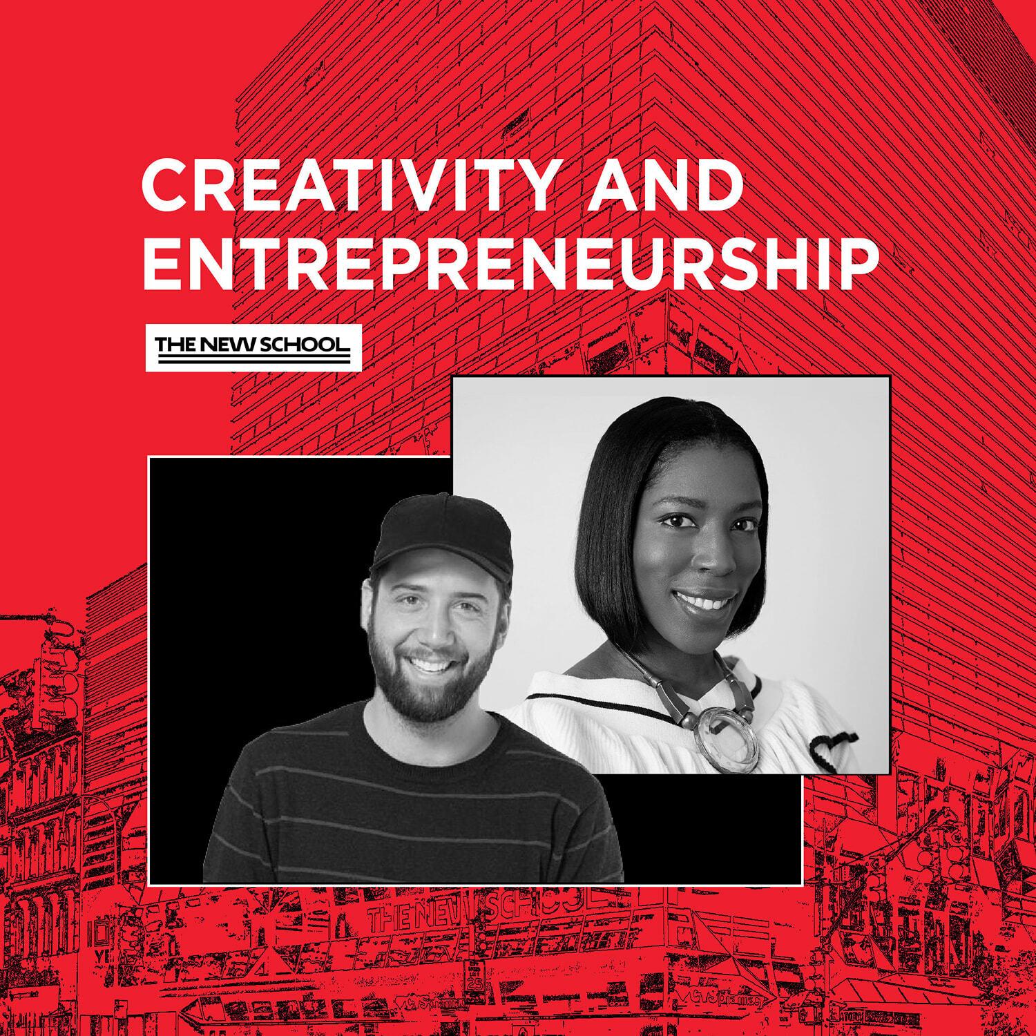 Creativity and Entrepreneurship poster with two portrait cutouts