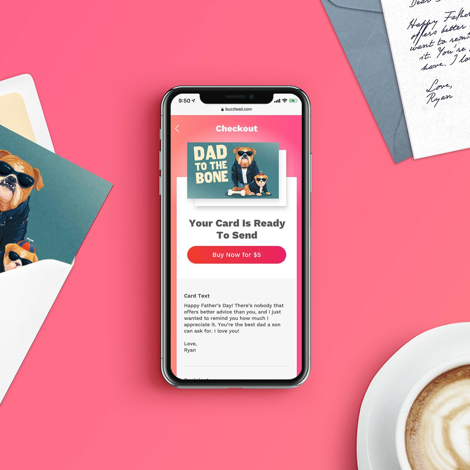 Smartphone checkout page for a dog-themed card on a pink table