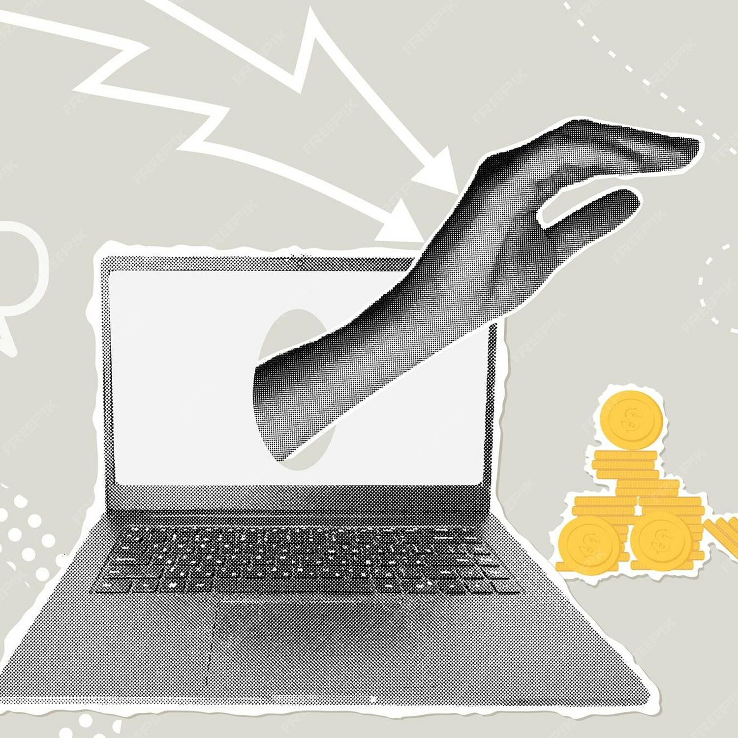 Collage of a laptop with an arm reaching out and stacks of coins