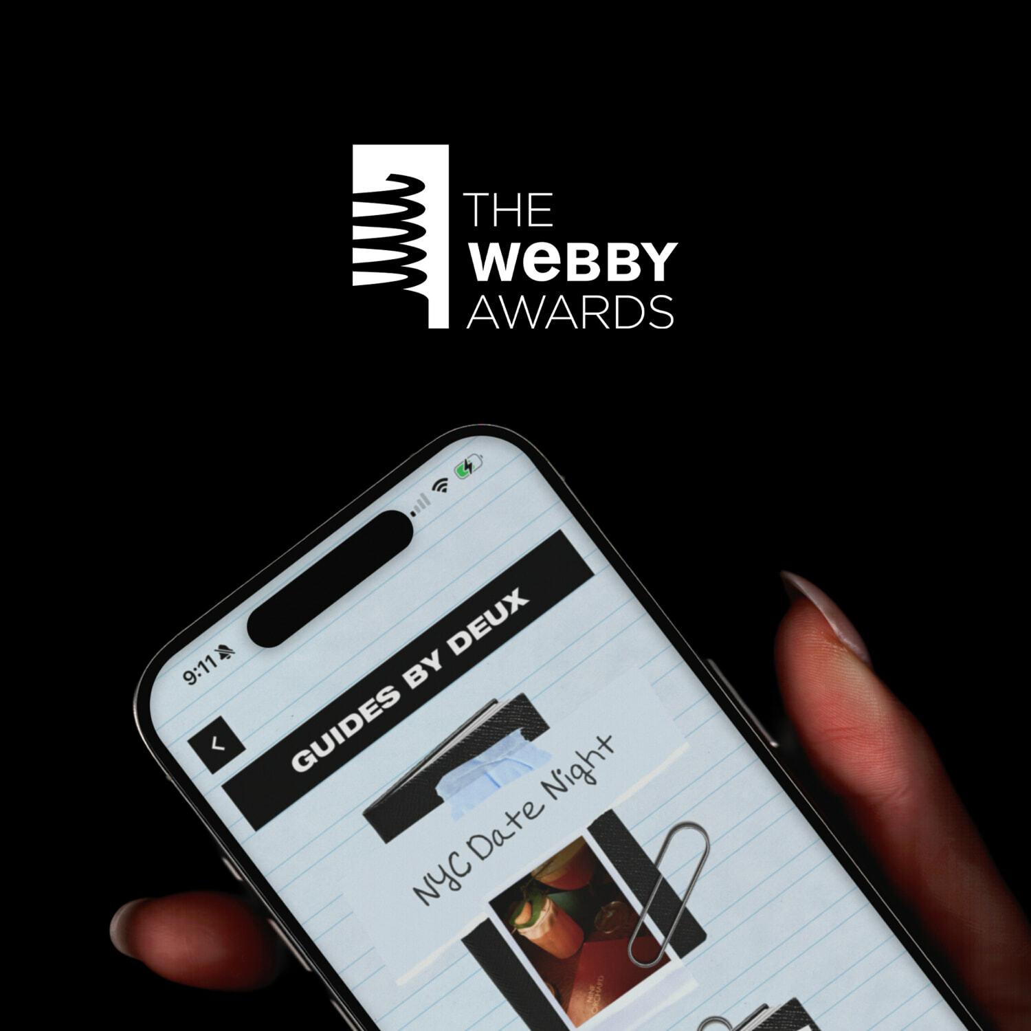 The Webby Awards logo above a phone showing Guides by Deux NYC Date Night