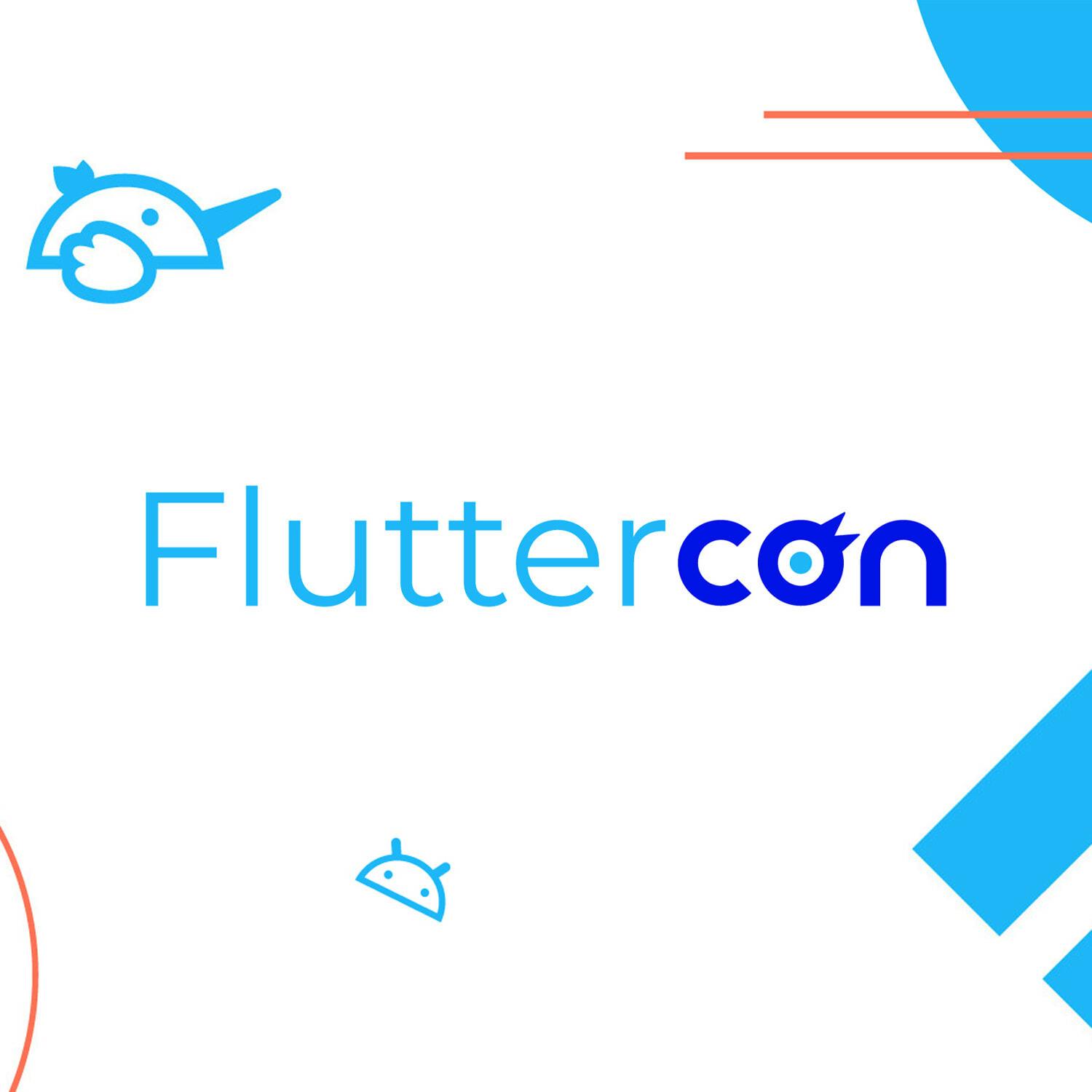Fluttercon logo on a white background with blue geometric accents