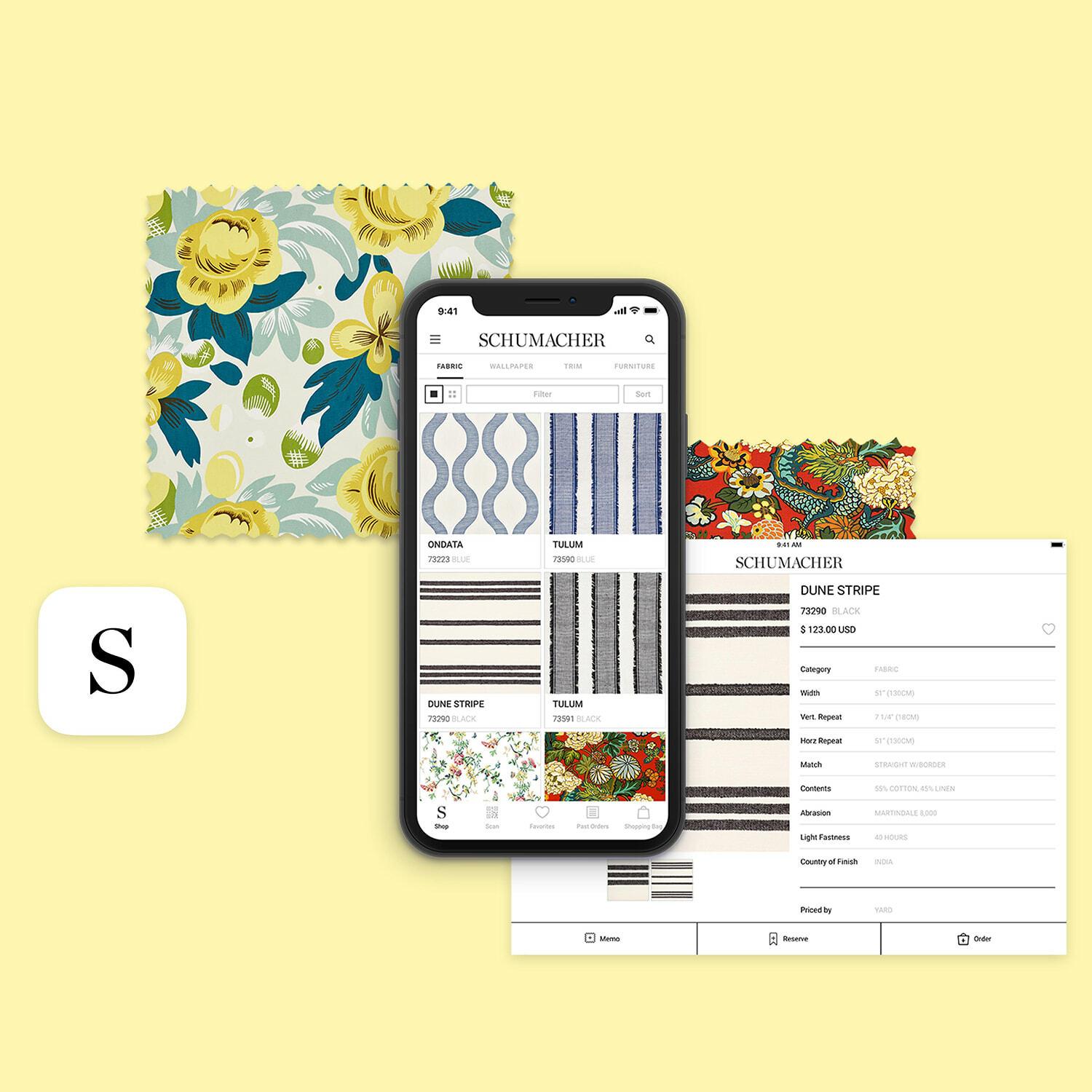 Schumacher fabric app mockup with floral and striped textile samples