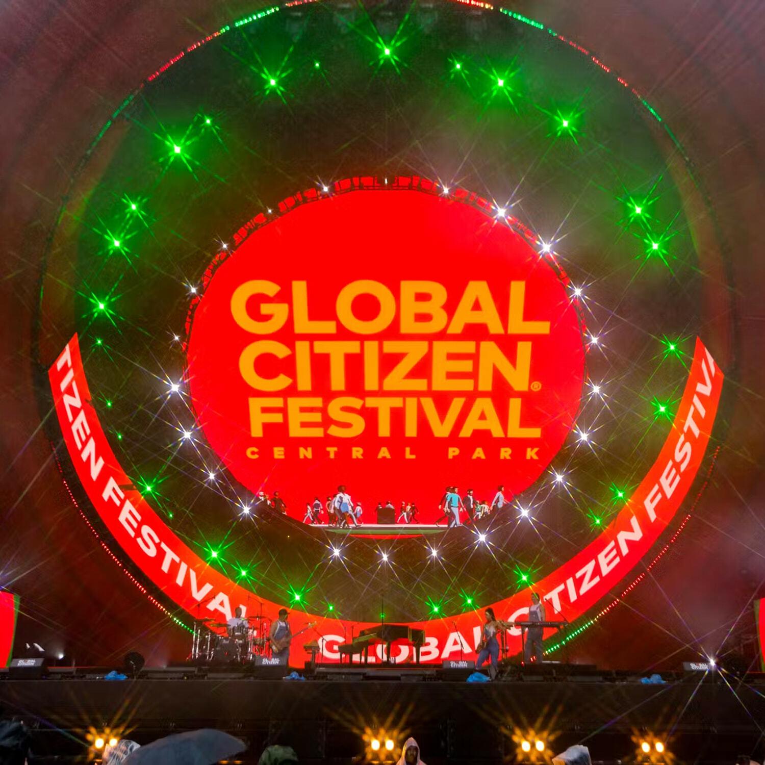 Global Citizen Festival Central Park stage with bright circular screen