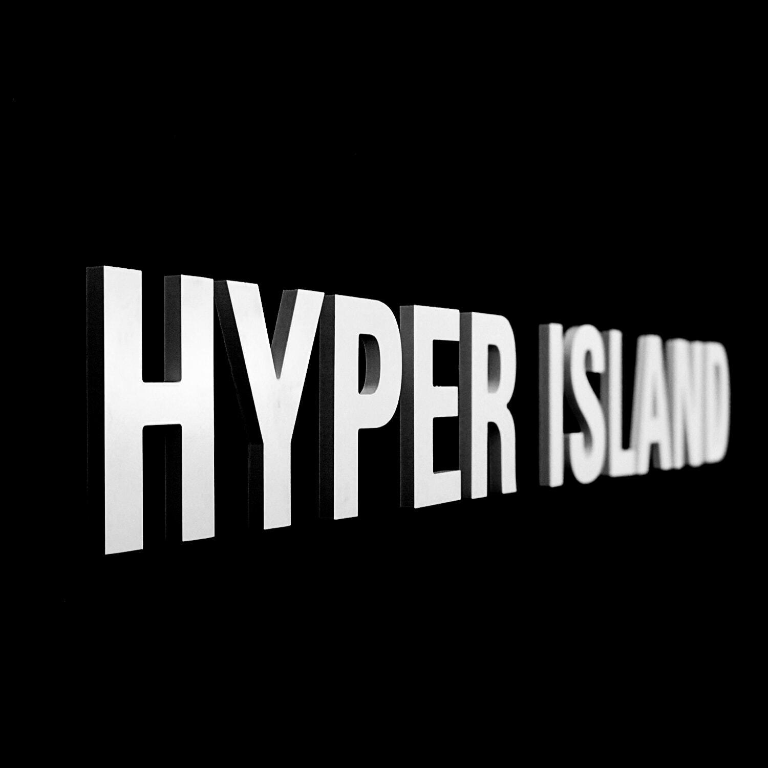 Hyper Island white 3D text on black background