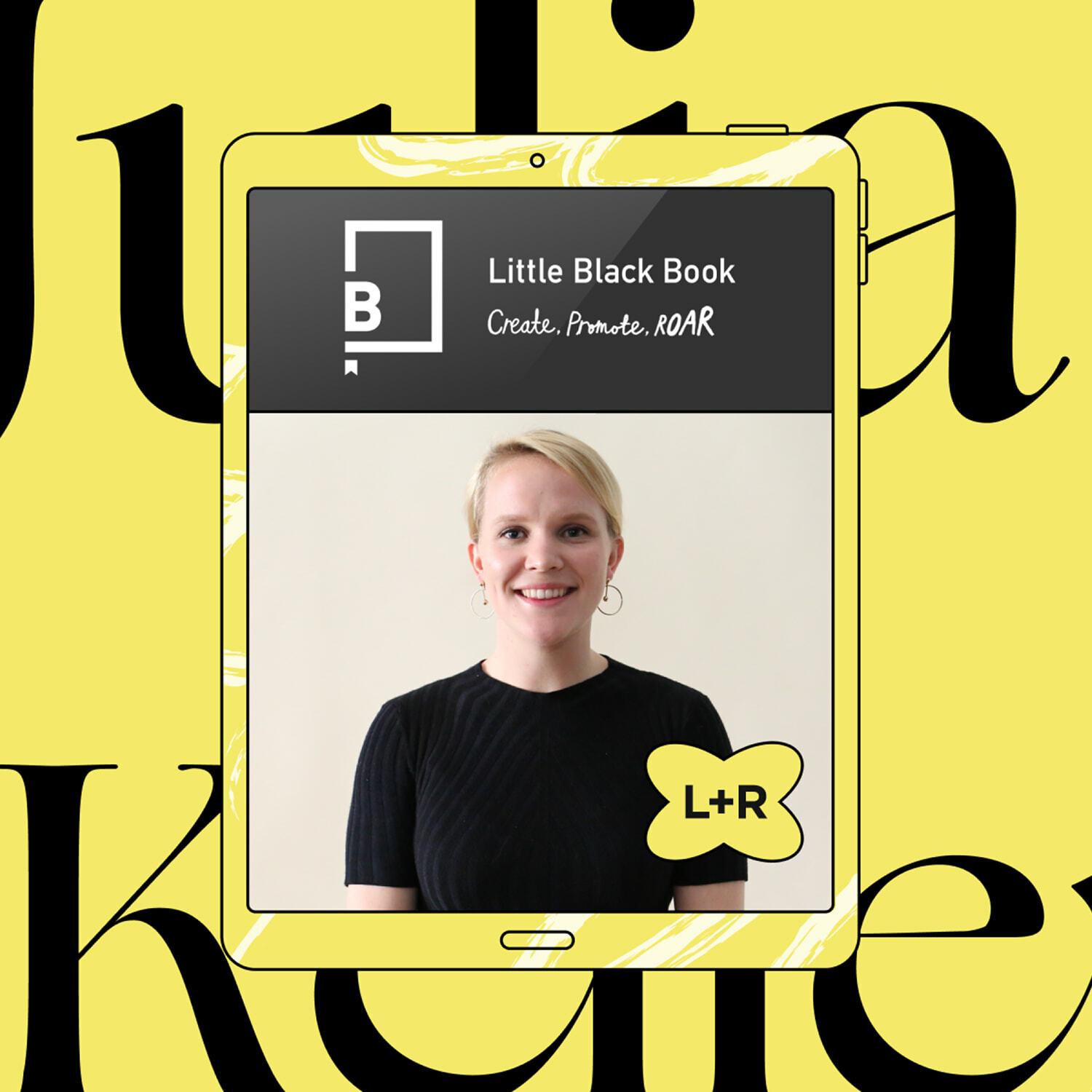 Little Black Book video frame featuring a woman and L+R badge